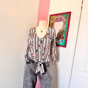 Kaii White Striped Floral Tie-Front Blouse